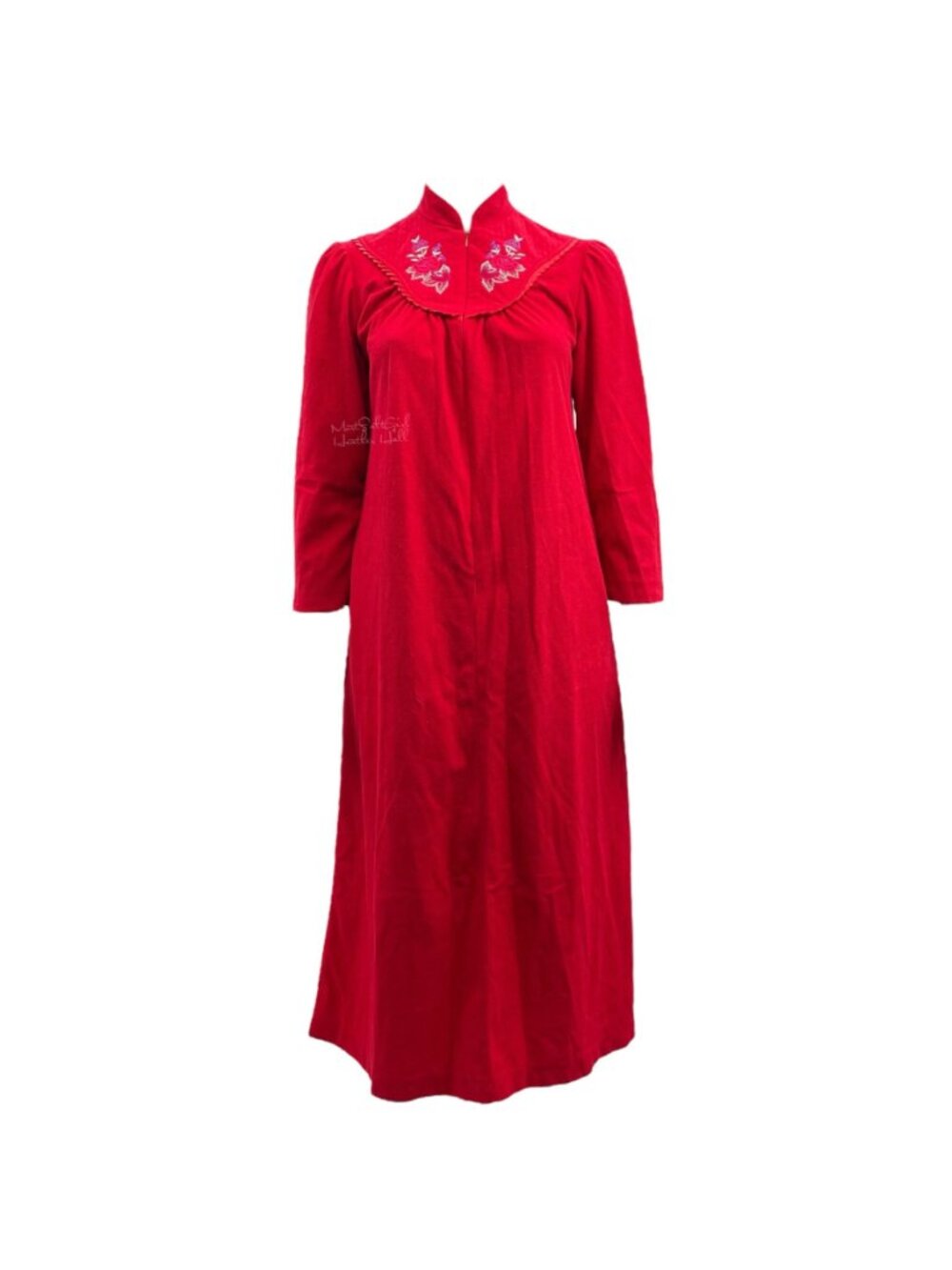 Adonna Vintage Floral Embroidered Ruffle Zip Front Maxi Housecoat Robe